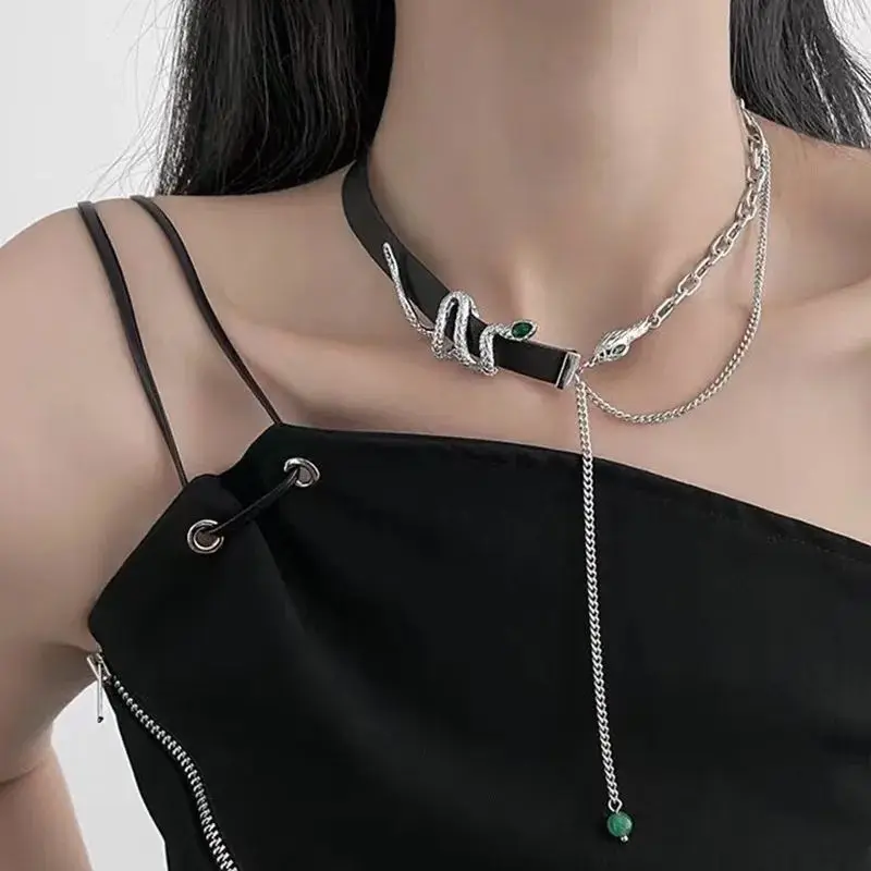 

Black Leather Snake Pendant Necklace Sweet Dark Neck Choker