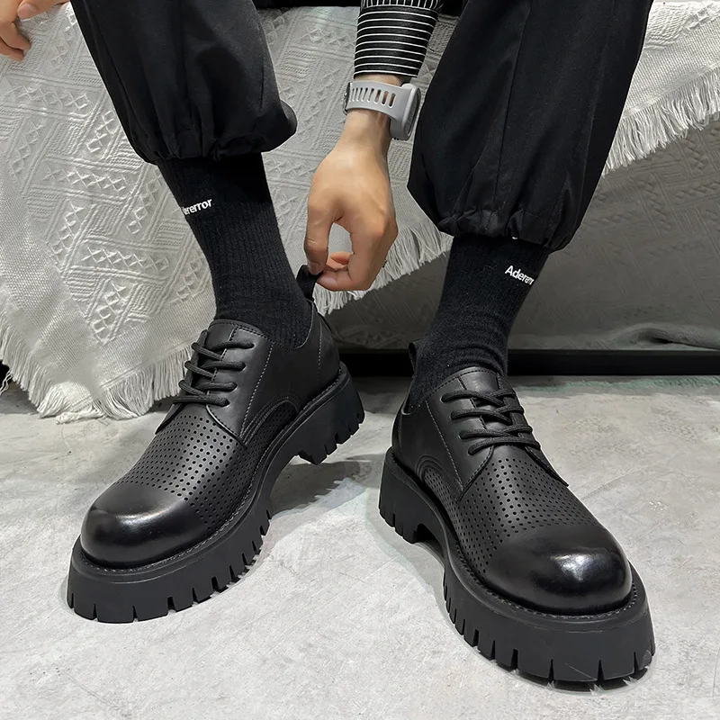 

Man Leather Shoes Rubber Sole Man Business Dress Shoes Hollow Out Breathable Man Office Work Shoes Retro Black Men Party Shoes