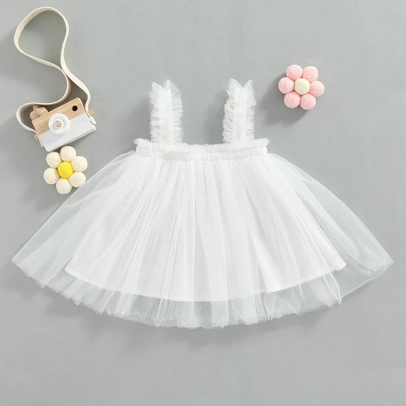 Kids Girl’s Tulle Dress Sleeveless Pleated Solid Summer for Party Stage Show