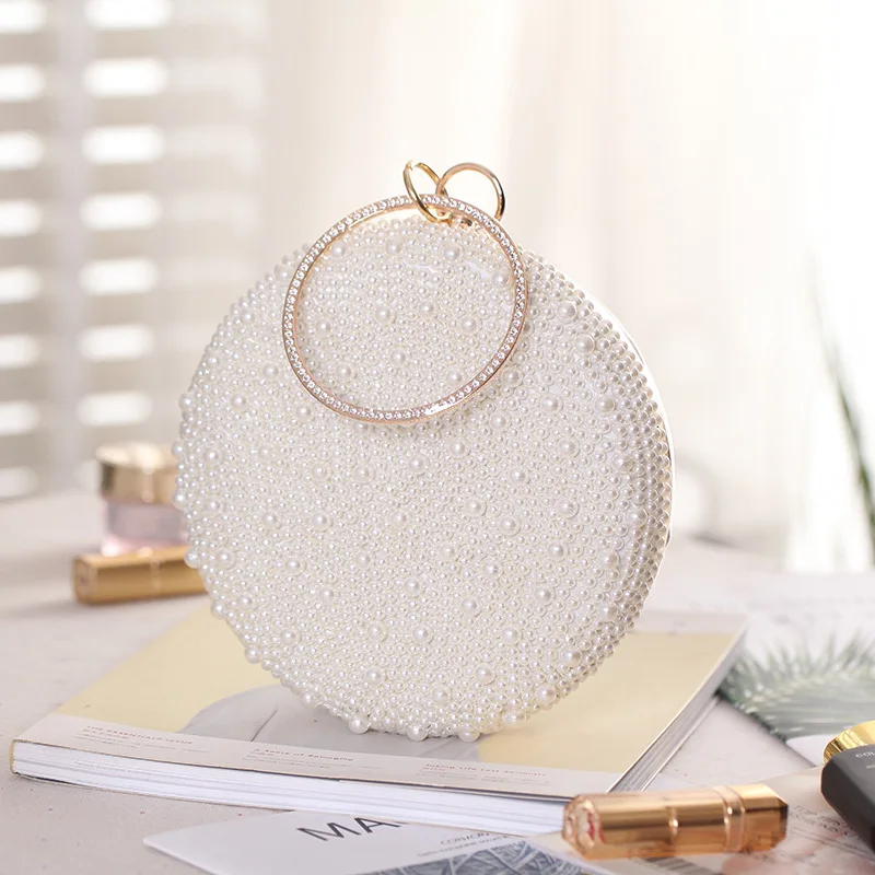 

Pearl Evening Clutch Bag Round White Rhinestone Banquet Evening Bag Bridal Wedding Bridesmaid Handbag Women's Shoulder Bags