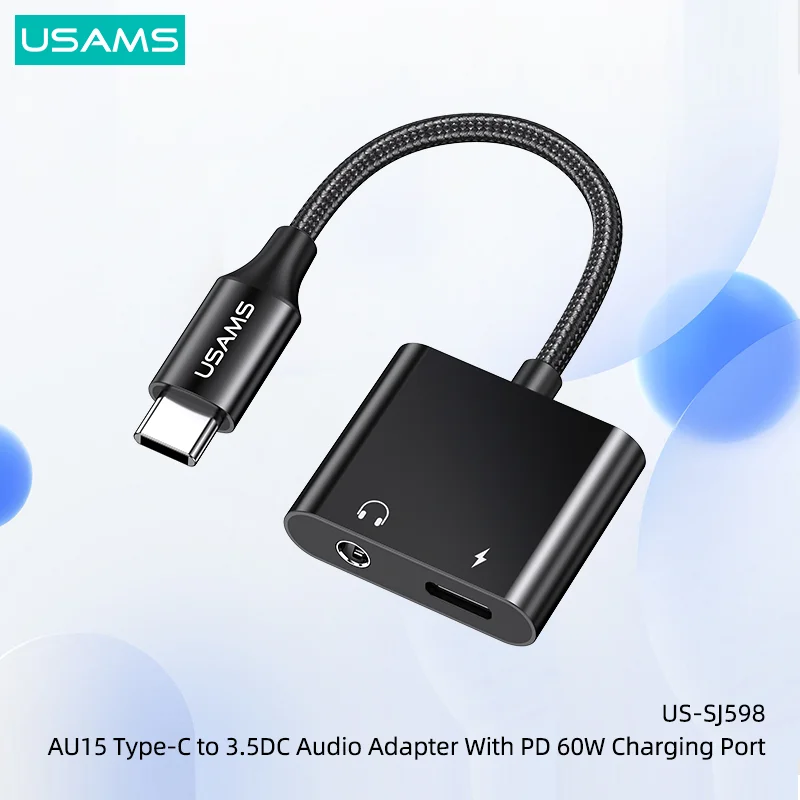 USAMS PD 60 Вт 2 в 1 Тип C до 3,5 мм Тип C Otg адаптер для аудио адаптер с зарядным портом для Huawei Xiaomi Samsung