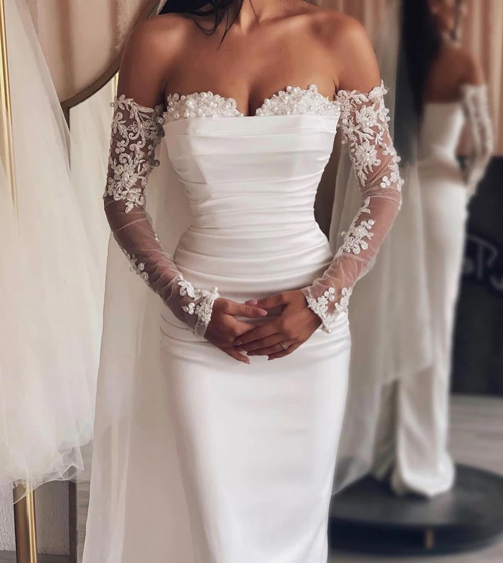 

Элегантные свадебные платья Boho 2024 с жемчужной аппликацией, с открытыми плечами, с длинными рукавами, плиссированное прямое свадебное платье, свадебное платье русалки