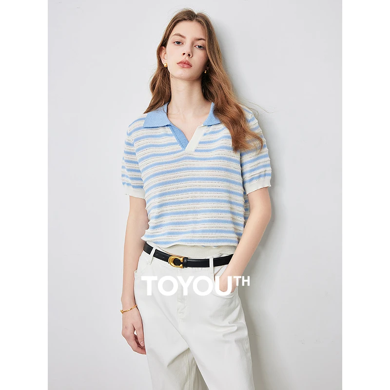 Женская трикотажная футболка-поло в полоску | AliExpress