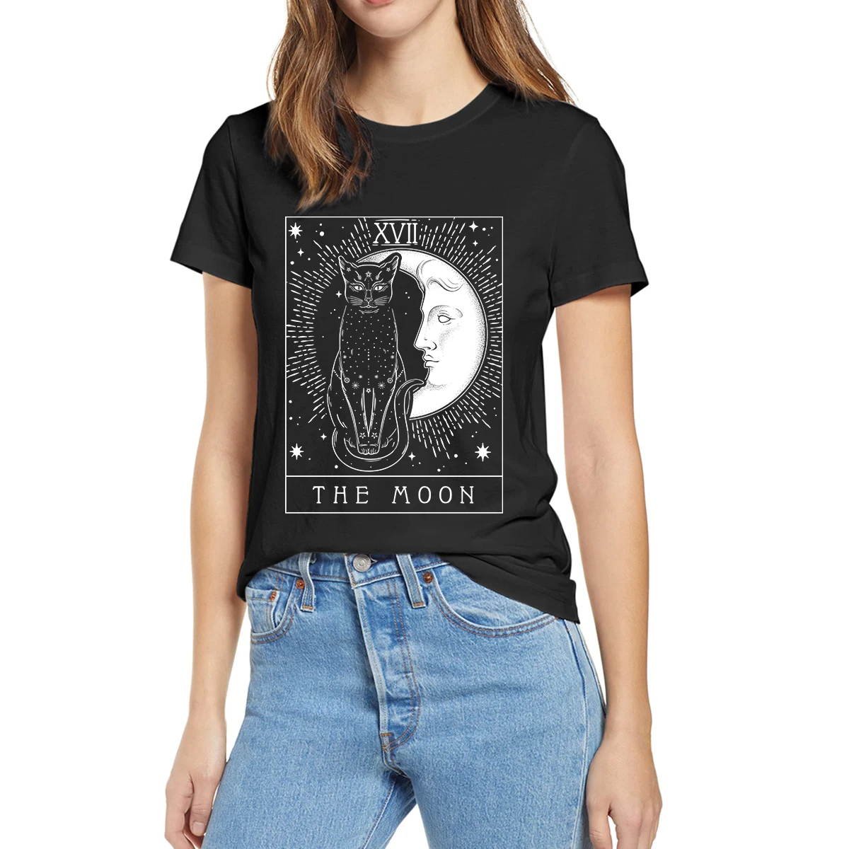 

100% Cotton Tarot Card Crescent Moon And Cat Graphic Cat Lovers Summer Women Casual Novelty T-Shirt Loose Top Tee EU Size Casual