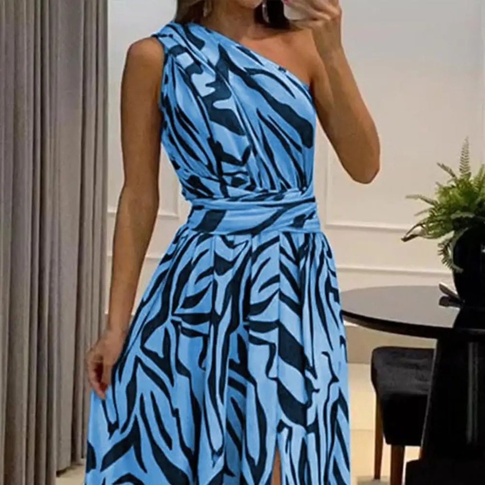 

Ladies Dress Stunning One Shoulder A-line Maxi Dress Vibrant Print High Waist Elegant Split Hem for Summer Prom Parties High