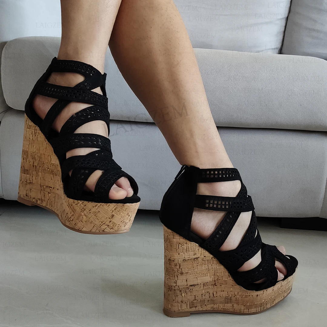 

LAIGZEM Women Sandals Platform Wedges Peep Toe Faux Suede Cut Outs Hollow Zip Up Female Ladies Shoes Woman Big Size 41 44 50 52