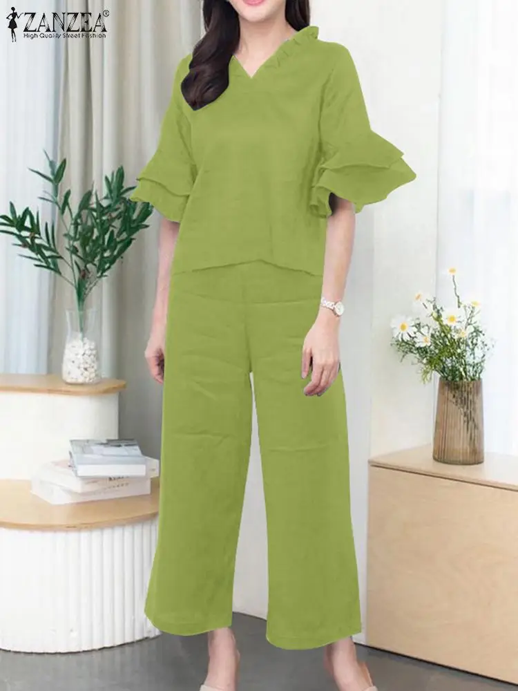 

Спортивный костюм ZANZEA женский с коротким рукавом, модный городской костюм с оборками, элегантные свободные брюки с широкими штанинами для отдыха, на лето