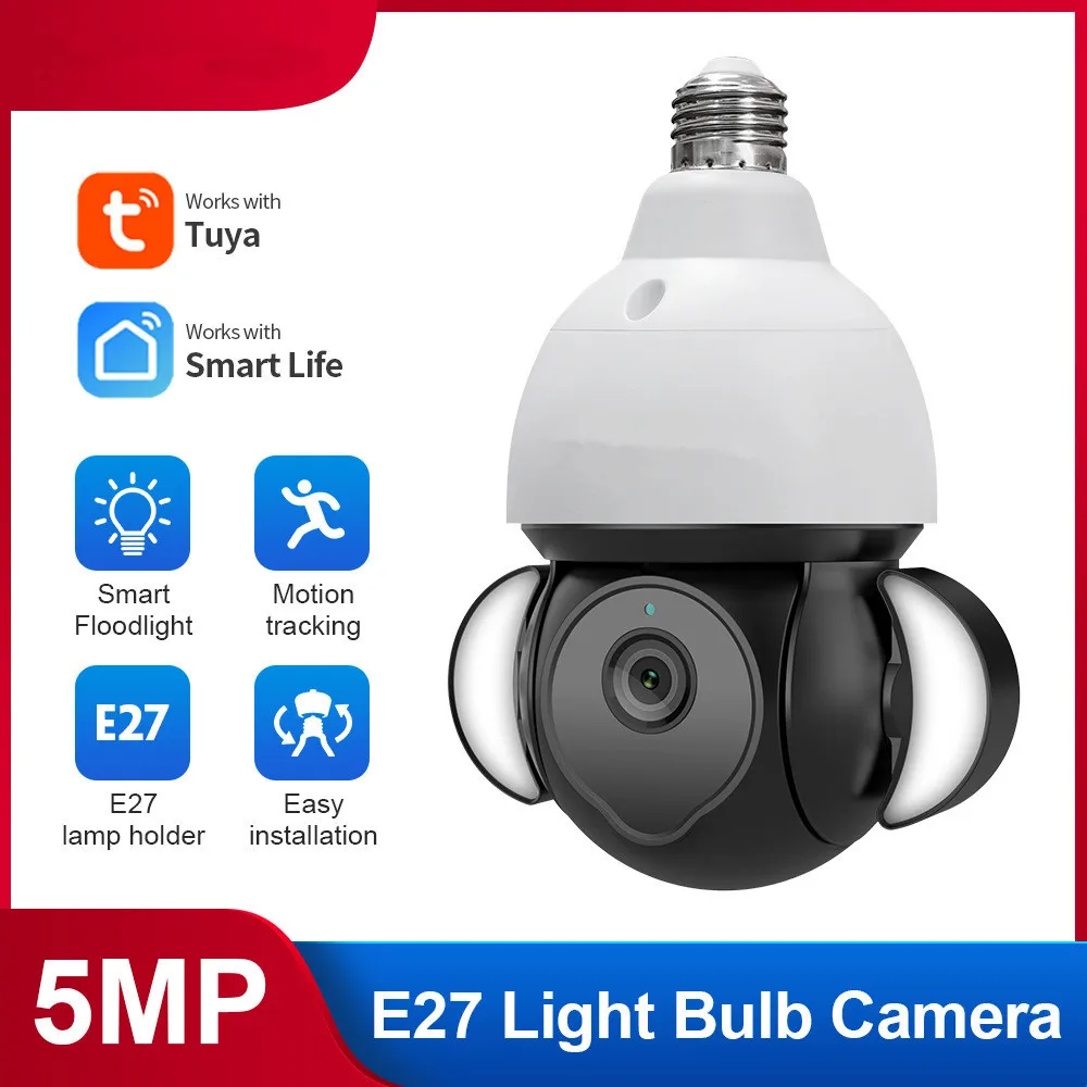 5MP 2048P Tuya APP Floodlight  E27 Lamp Holder IP  Camera  Full Color Night Vision  AI Humanoid Home Security CCTV Baby  Monitor
