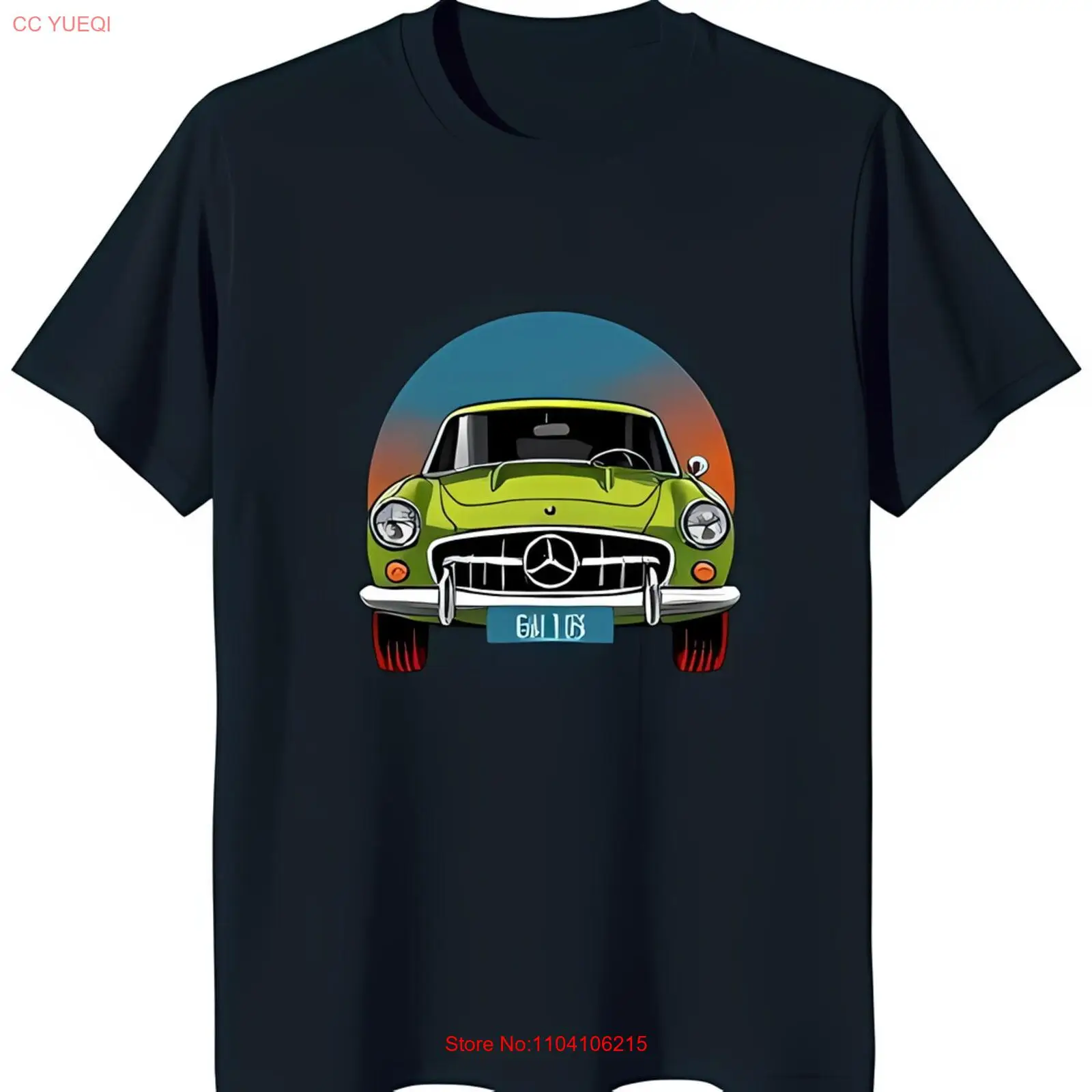 Винтажная футболка с рисунком автомобиля Темно-синяя ярко-зеленым классическим
