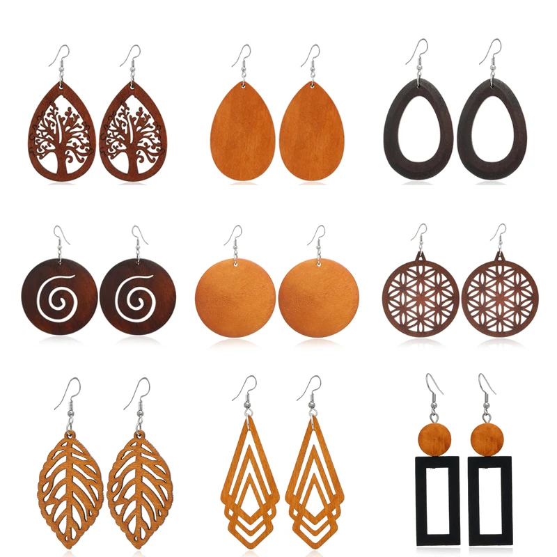 

2022 Fashion Metal Exaggerated Geometric Ear Ring Hollow Earring Vintage Ethnic Wooden Earrings for Women Jewelry Wholesale