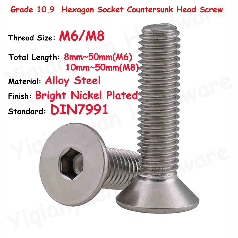 

DIN7991 M6 M8 Coarse Thread Grade 10.9 Alloy Steel Bright Nickel Plated Hexagon Socket Countersunk Head Cap Screws Allen Bolt