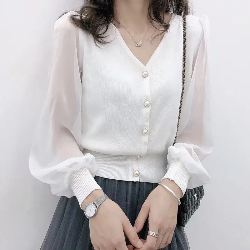 

Women 2022 Spring New Long Sleeve Button Chiffon Blouses Female Fashion V-neck Solid Color Shirts Ladies Loose Casual Tops
