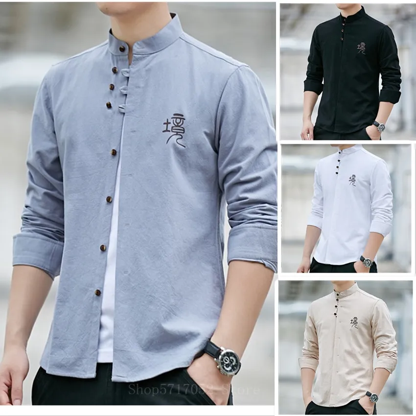 

Chinese Traditional Men Retro Casual Shirt Cotton Tops Male Stand Collar Solid Color Kung Fu Clothes Tunic Tang Suit