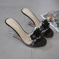 summer new wedges sandals women sexy crystal transparent high heels glass slippers string bead pvc slippers fashion shoeseu34 43