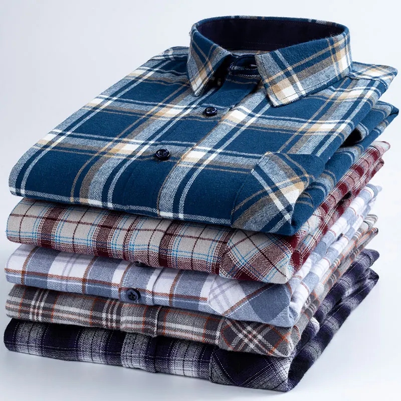 2023 New 100% Cotton Sanding Fabric Standard-fit  Men Casual Plaid Brushed Flannel Shirt Long-Sleeved Oversize Size S-6XL