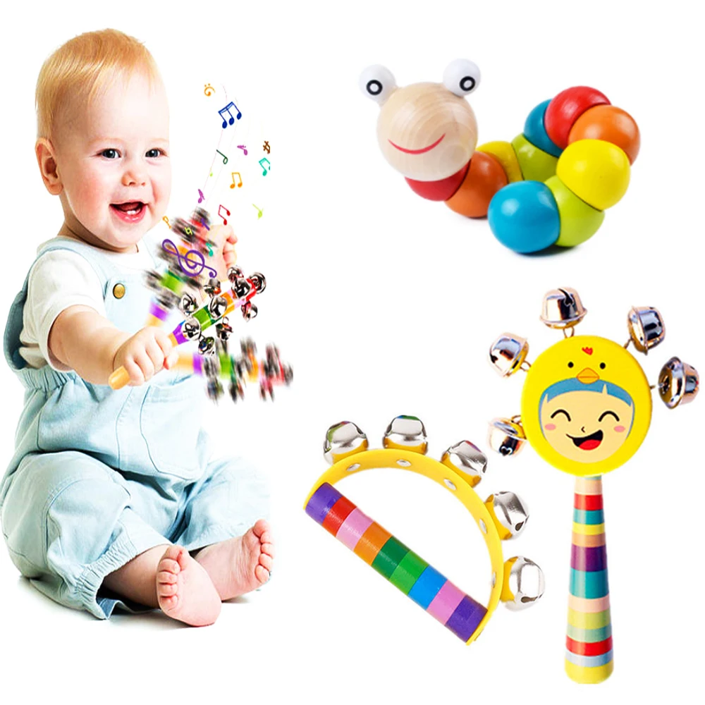 

Wooden Music Sounding Toy Bed Bells Colorful Rainbow Sand Hammer Whistle Rattle Castanet Musical Instrument Random Toddlers Gift