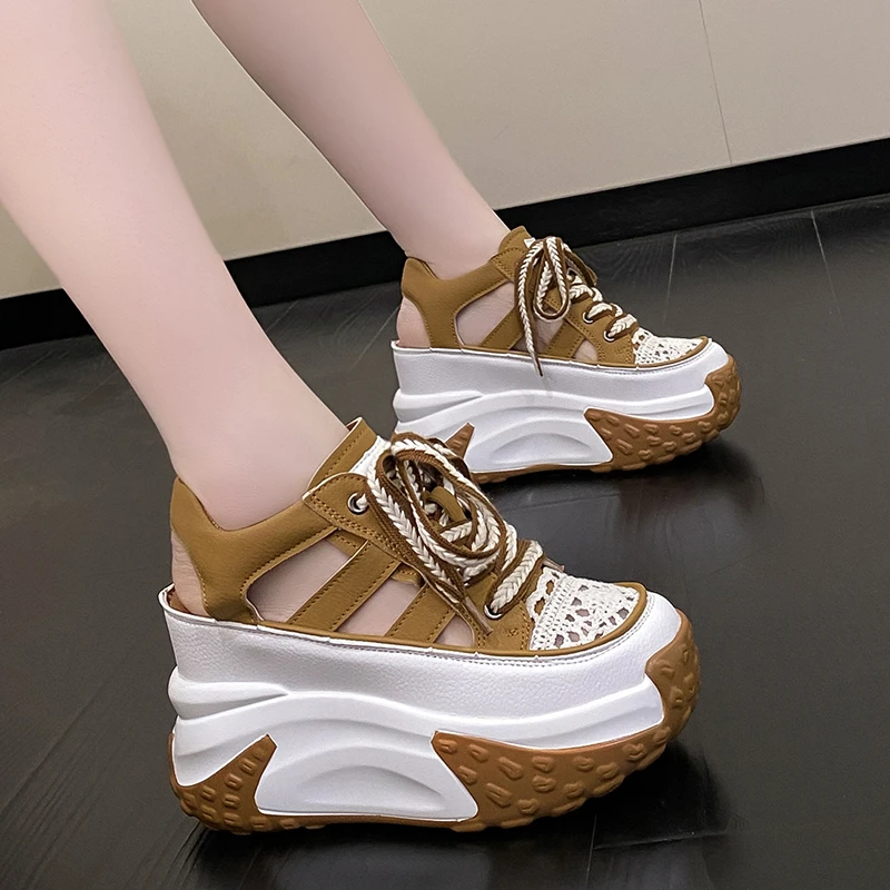 10CM Hollow Summer Sandals Wedge Heels Leather Sneakers Women High Platform Beach Flip Flops Casual Breathable Walking Slippers