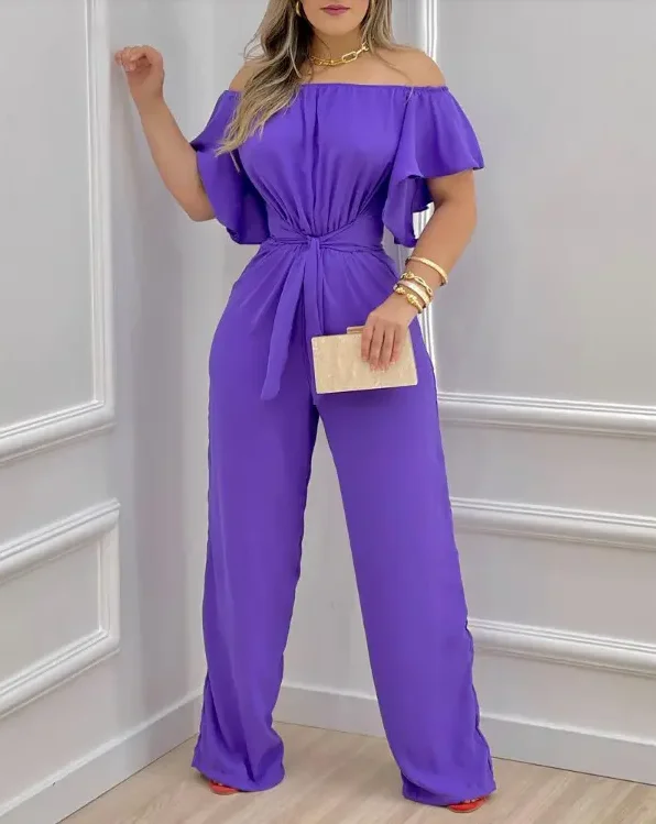 Summer Sexy Off Shoulder Tied Detail Purple Jumpsuit for Women 2022 New Casual Office Lady High Waist Wide Leg Pants Jumpsuits