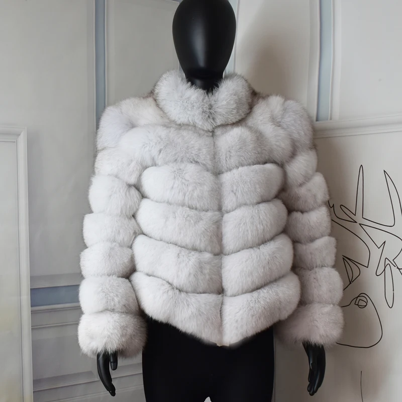 NEW Natural Short Real Fox Fur Coat For Women With Stand Collar Oblique row Thick Warm Winter Genuine Jacket High Quality Fur