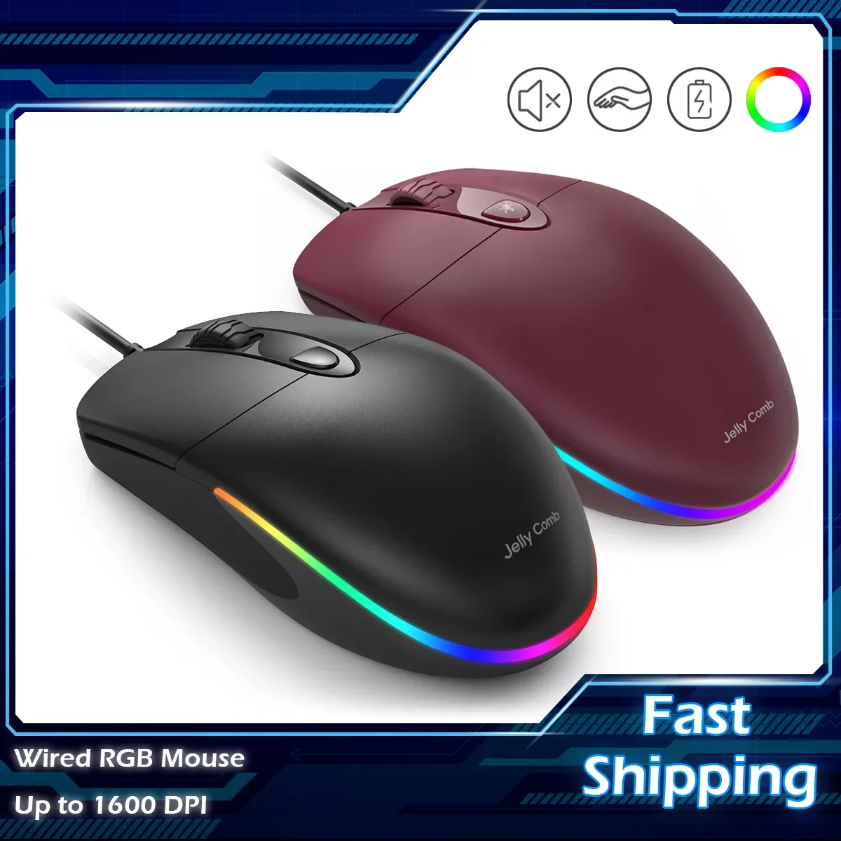 

Jelly Comb USB Wired Mouse RGB Backlit Optical Silent Computer Mouse 1600 DPI Office and Home Mice for Windows PC Laptop Desktop