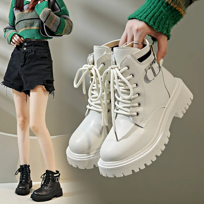 

Martens Boots for Women Autumn Winter Vintage British Style Ankle Boots 2023 New Round Head Thick Sole Lace-up Martens Boots