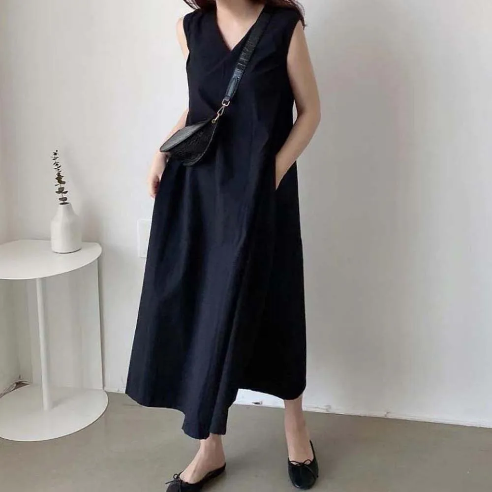 

Cotton Linen Dress Loose Casual V-Neck Solid Color Back Single-breasted Design Sleeveless A Swing Dress Japan Ladies Summer