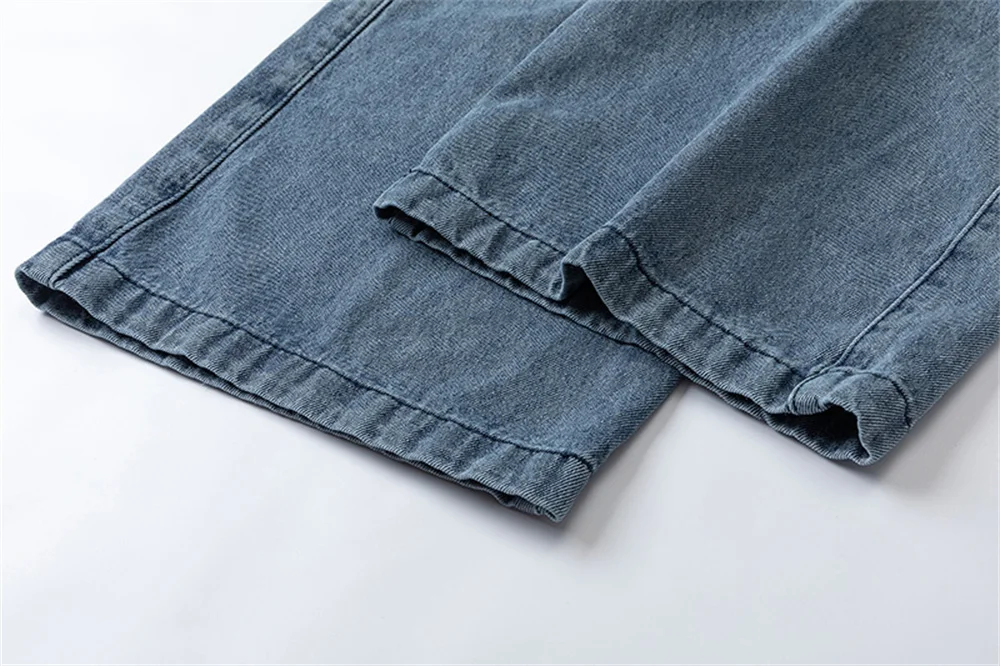 Blue Mens Loose Cargo Jeans Fashion Side Zip Pockets Washed Baggy Denim Pants High Street Hip Hop Vintage Ripped Jean Oversized