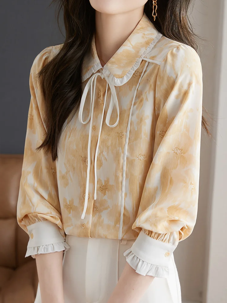 

French Style Elegant Yellow Printed Floral Lace-Up Long Sleeve Tops Shirts Women Button Up Ruffles Bishop Sleeve Blouse