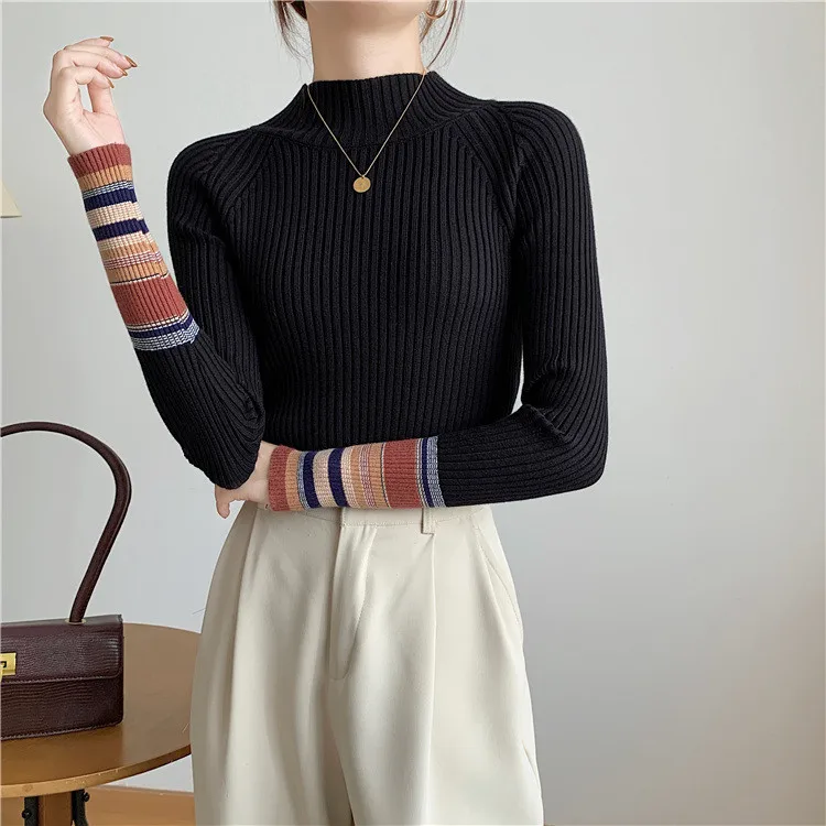 

High Quality Autumn Winter Slim Fit Knitted Sweater Women Casual Stripe Jumpers Long Sleeve Cotton Pullovers Femme Cashmere New
