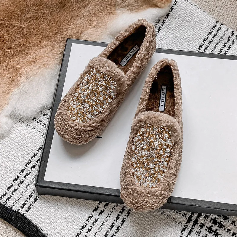 

Plus Size 35- 42 43 Women Faux Wool Flats Winter Warm Shoes Plush Lining Bring Diamonds Lady Loafers Female Boat Shoes 889-1