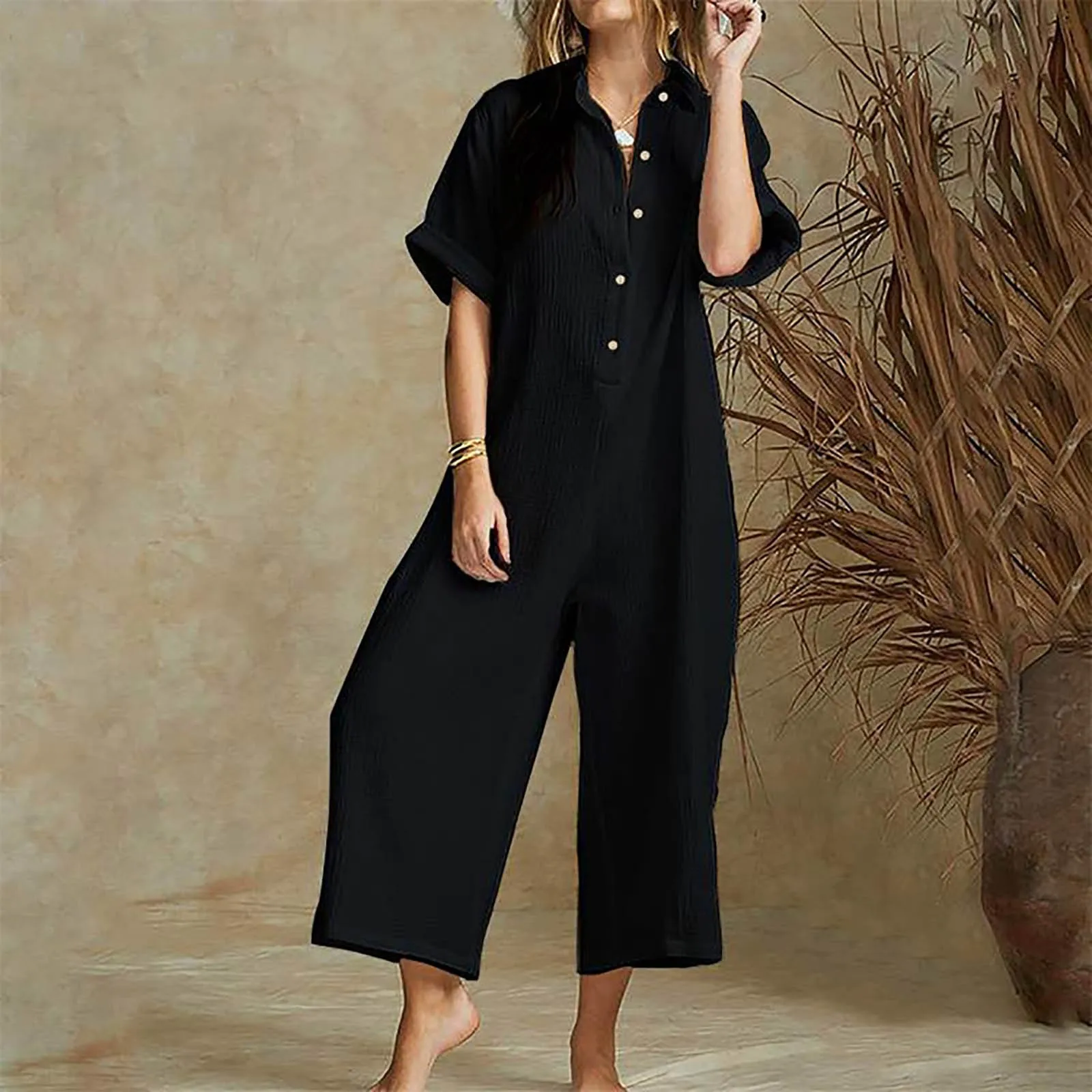 

Women Summer Short Sleeve Button Down Pockets Jumpsuits Rompers Homecoming Pantsuits for Teens