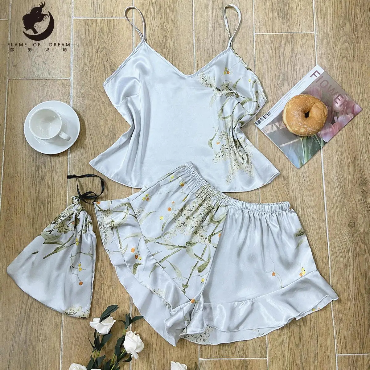 Summer Silk Pajamas Two-piece Fashion Printed Shorts Home Wear Suit Sexy Suspender pajamas 3015