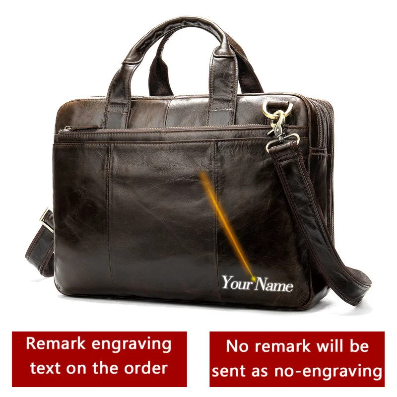 Genuine Men's Leather Bag Office Mens Briefcase Business Men's Leather Bag Engraved Messenger Men Handbag For 14