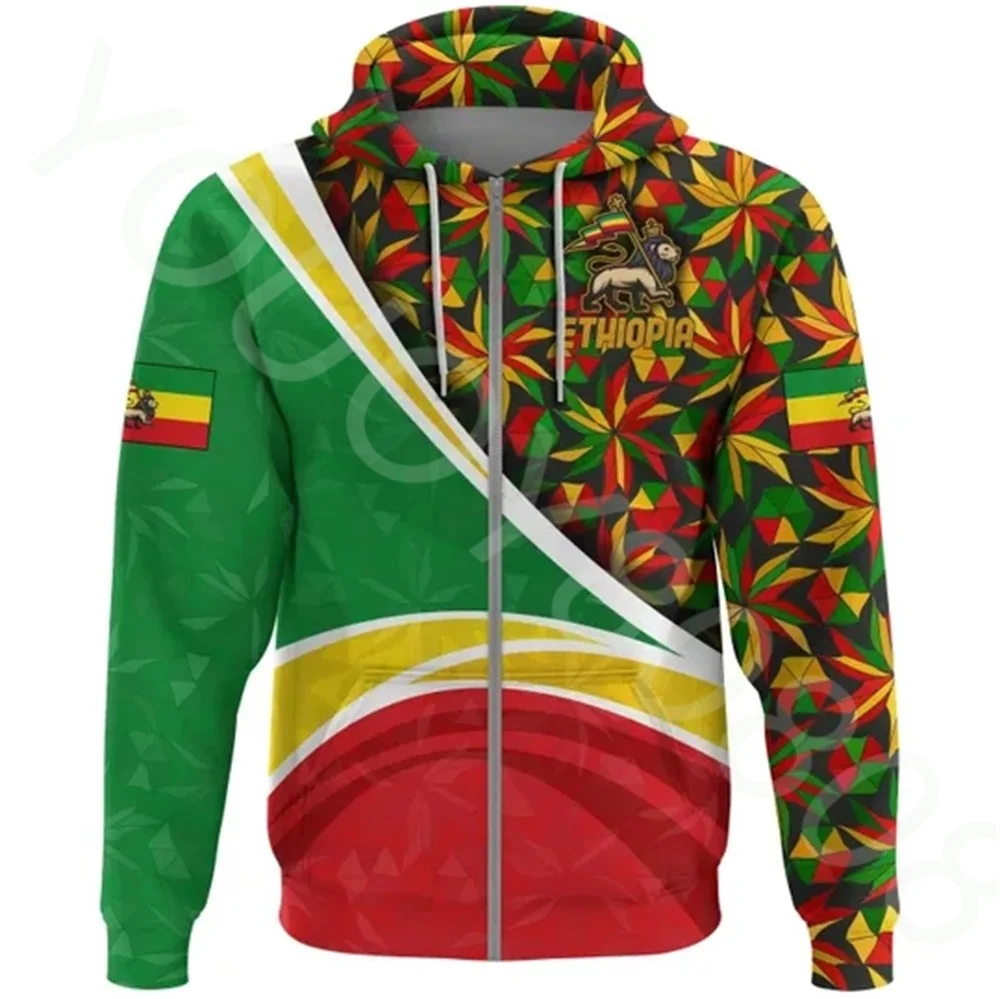 's Sweater Decoration 3d Printed Ethiopian Judah Lion Flag Rasta Zip Hoodie Pattern Retro Harajuku Clothing