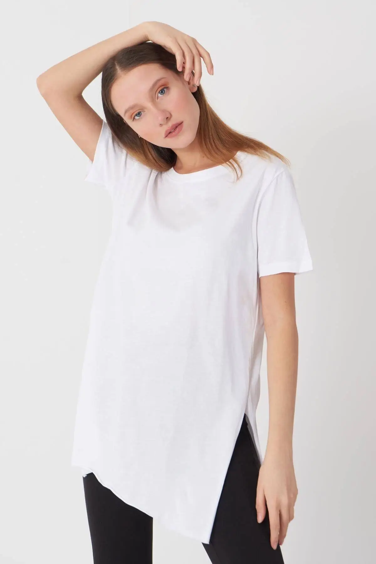 

Women's White Crew Neck Slit Tshirt Casual Fashion Products Street Sports Style Wear Spring Summer Dresses New Year Combine