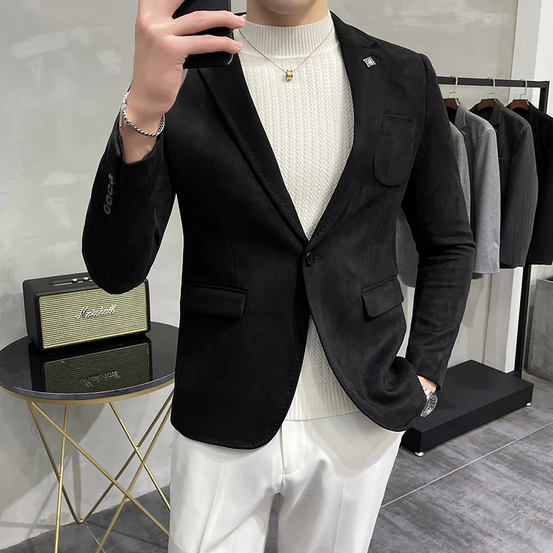 

New high quality fashion gentleman casual handsome British dress suede suit Korean version slim single west jacket