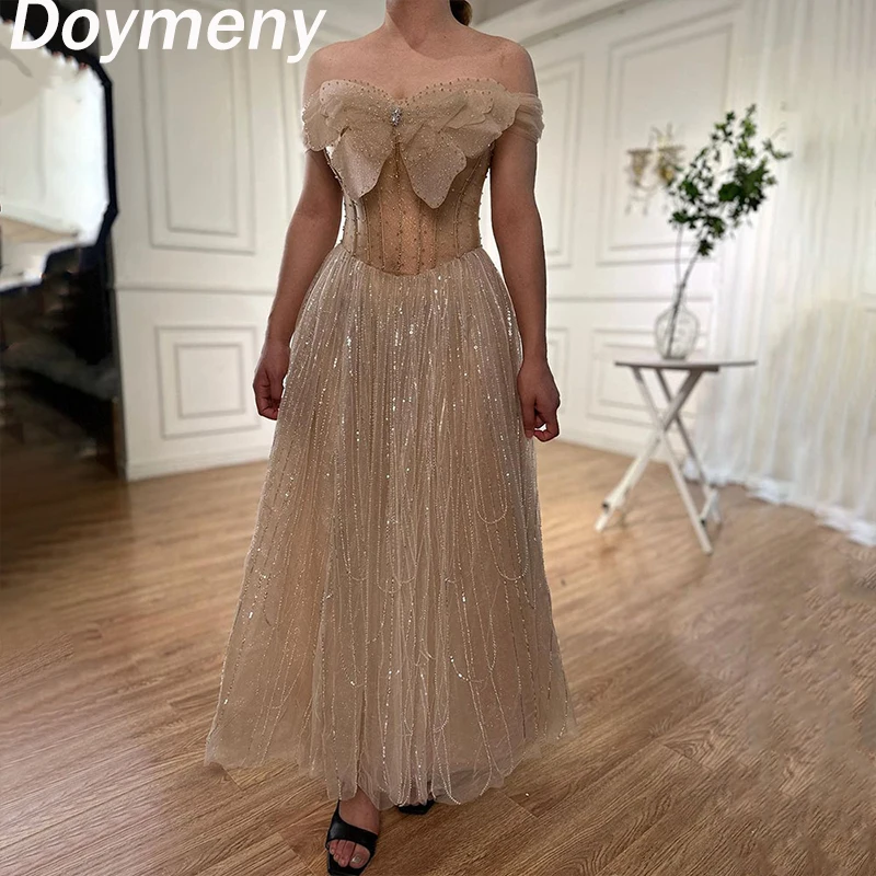 

Doymeny Women’s Sparkle Beaded Prom Dresses Off Shoulder A-line Cocktail Dress Ankle-Length Elegant Formal Evening Party Gowns