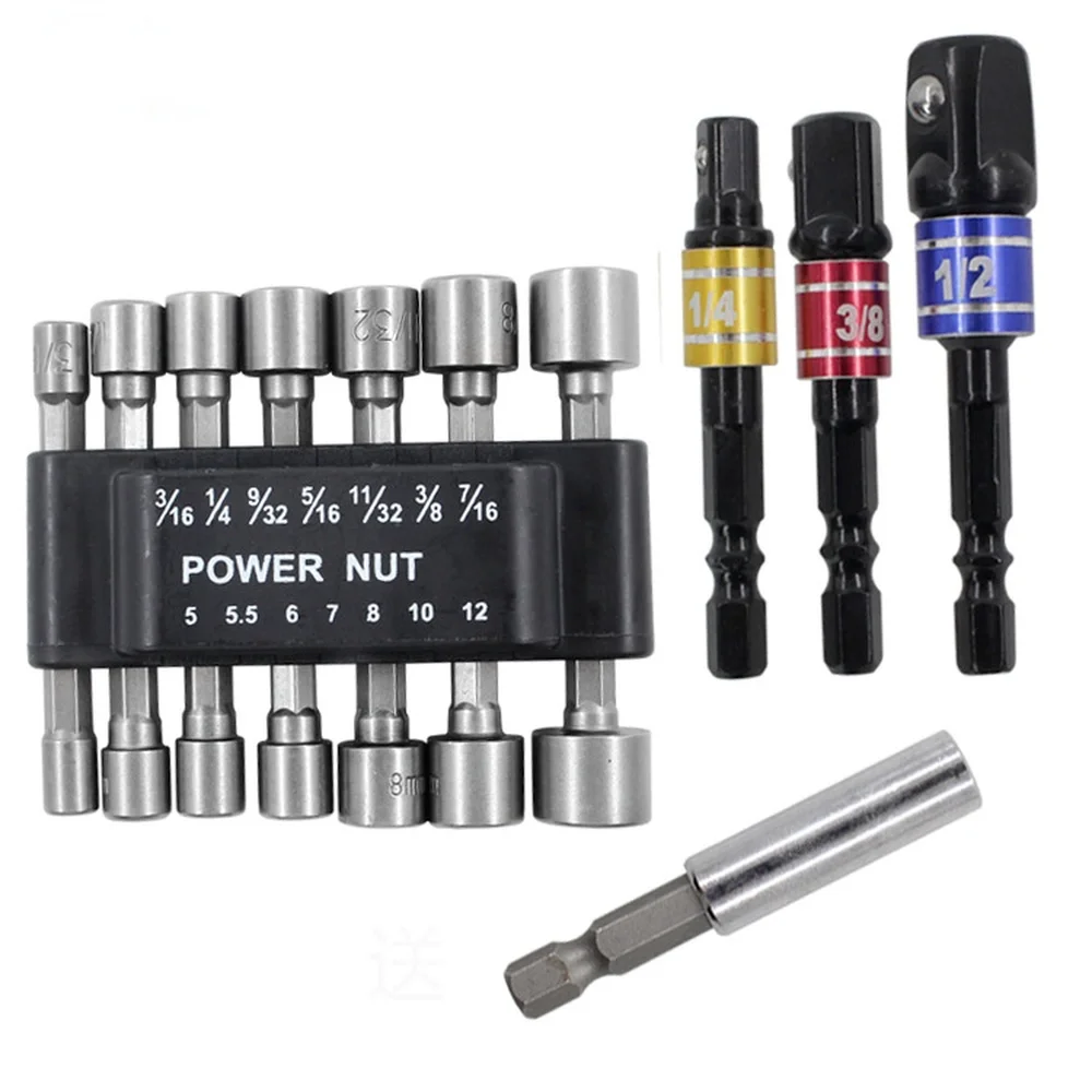 

18pc/set Hex Shank Electric Drill Socket Adapter Square Head Sleeve Inner Connecting Rod Sleeve Alloy Steel Woodworking Tools
