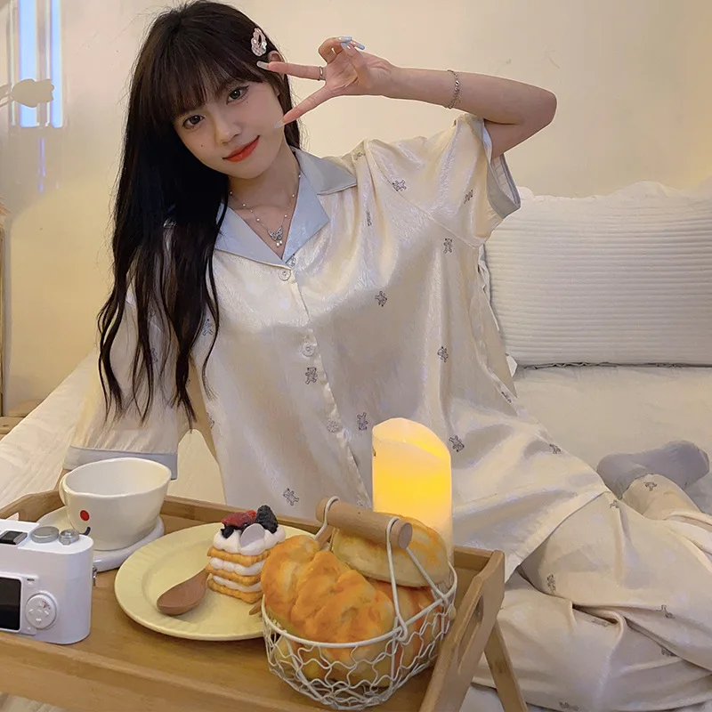 [Bubble Bear Three Piece Set] New Spring and Summer Bubble Bear Short and Long Shorts New Pajamas Women's Home Furnishing Set