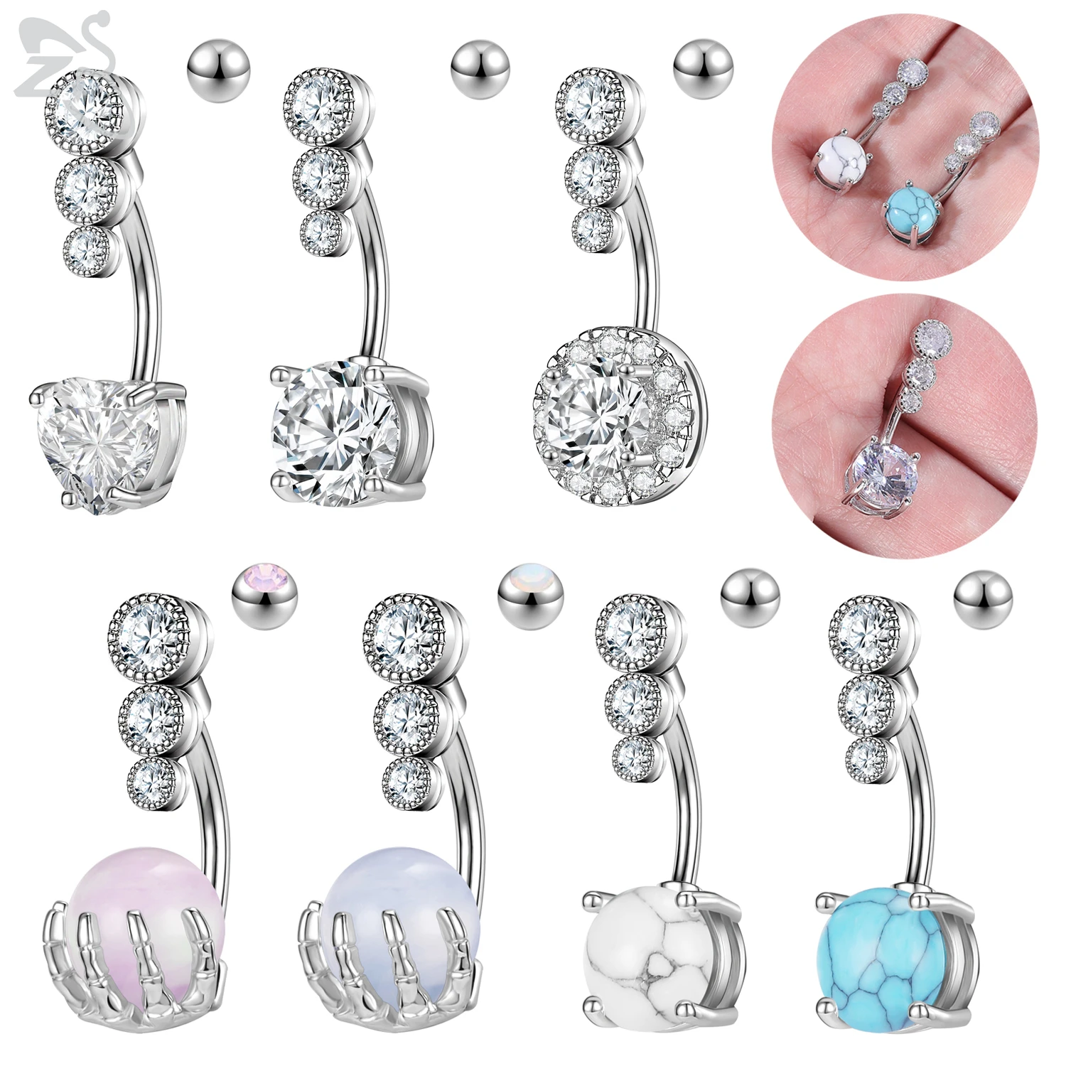 

ZS 1 PC Round CZ Crystal Pendant Belly Button Ring Opal Claw Drop Belly Rings 14G Stainless Steel Navel Barball Piercing Jewelry