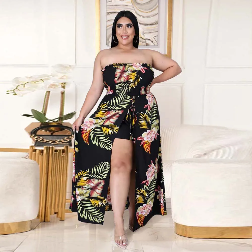 

Женский комбинезон с рисунком размера плюс, эластичные короткие брюки, облегающие топы, большой эластичный богемный макси-комбинезон