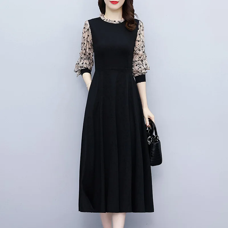 

Spring 2022 new French Hepburn style black dress fat MM slim slim stitching long skirt