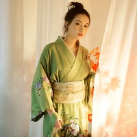 womens vintage style long dress japanese traditional kimono green color formal yukata cosplay costume performing dress
