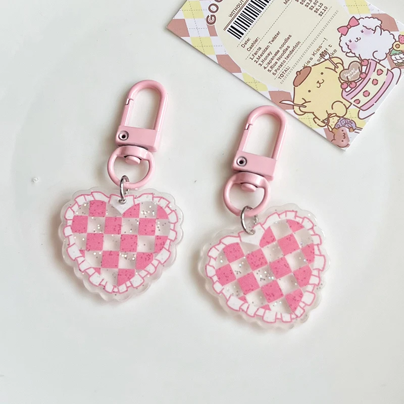 

Sweet Cute Pink Grid Heart Keychain For Girls Minimalist Heart Keyring Bag Pendant Bags Hanging Decoration Accessories