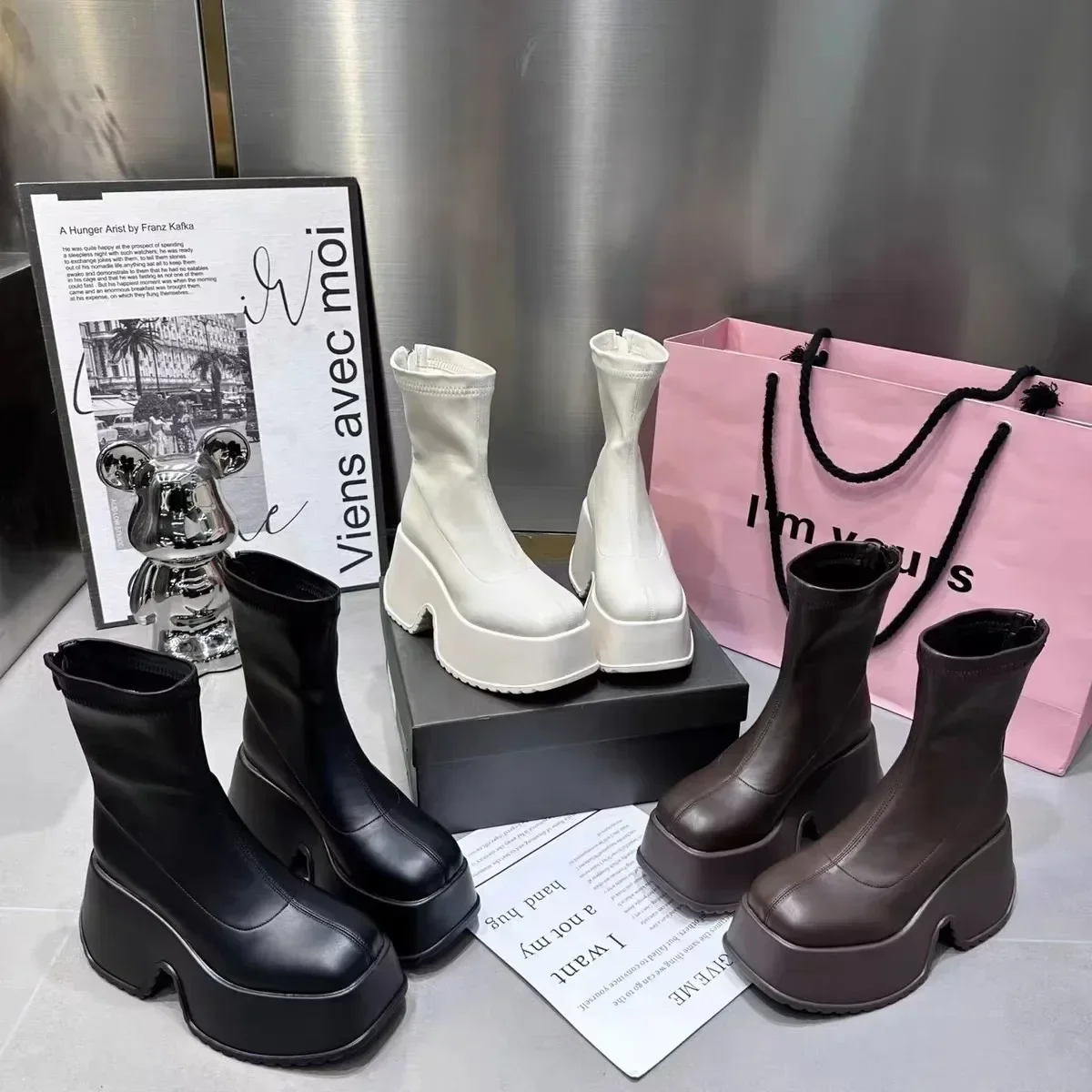 Altas no Joelho Quadrado para Mulheres Cunhas Plataforma Zip Flock Fosco Nov:40imo Sapatinho Moda Outono Inverno