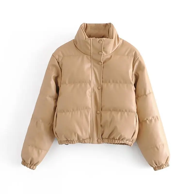 KoHuiJoo Winter Coat Women Short Autumn Fashion Stand Collar Loose Faux PU Leather Cotton Parka Jacket Thick Warm Outerwear