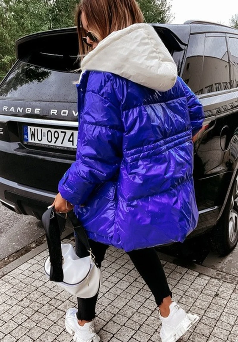 Parkas Shiny Hooded Coat Women Long Sleeve Zipper Casual Street Style Bomber Jacket Thick Warm Winter Parka Out wear Outfit 2021