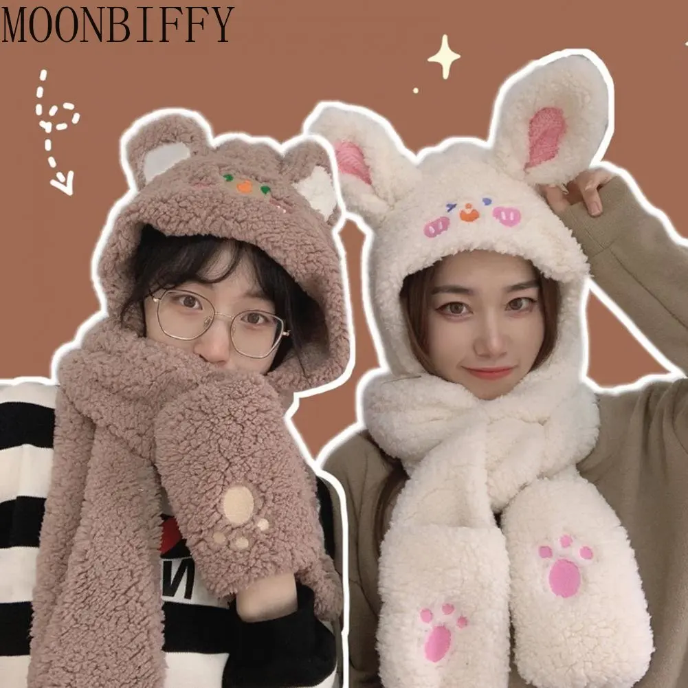 

Lovely Rabbit Earswomen Hat and Scarf In One Hood Plush Winter Warm Thicker Outdoor Hat Cute Ladies Ear Protection Cap
