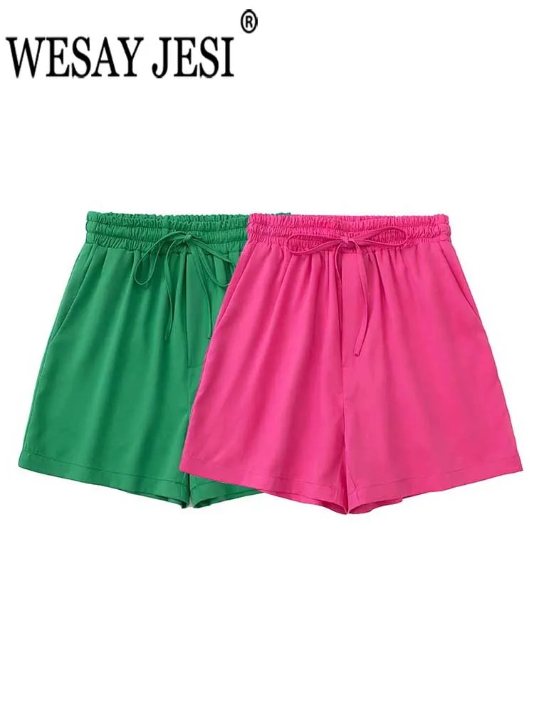 

WESAY JESI Women Short Casual Solid Simple Elastic Waist Pants Drawstring Loose Street Daily Beach Fashion Summer Ladies Clothes