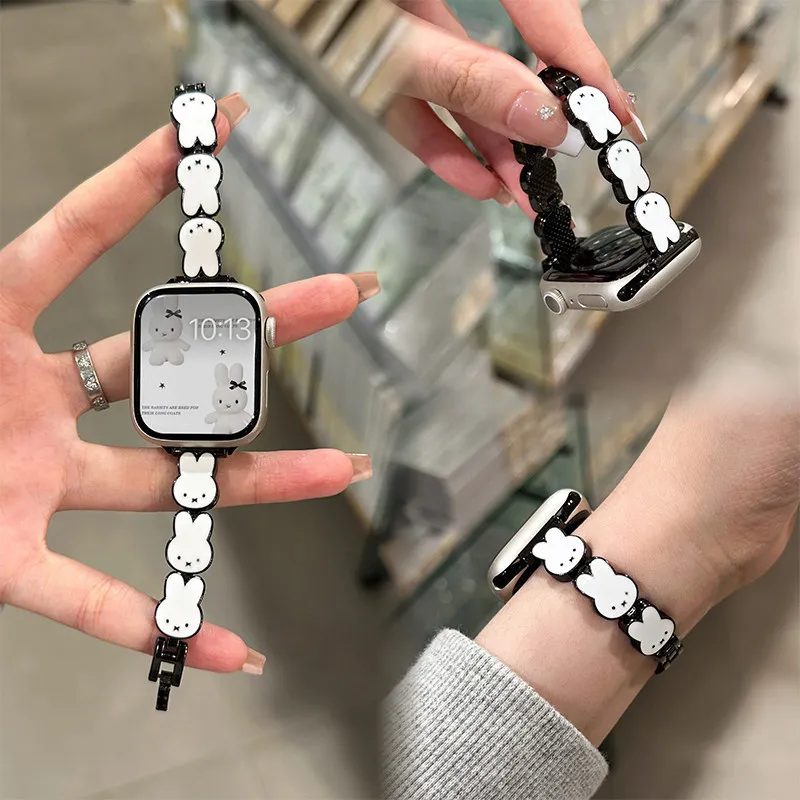 Фото Кожаный ремешок для часов Miffy Rabbit для Apple Watch S11/10/9/Se/Ultra Series, милый женский ремешок №2